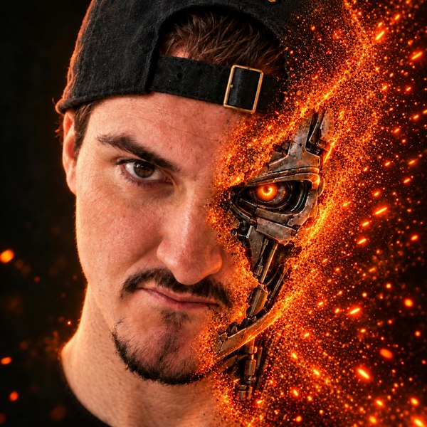 XCaNiNeX portrait with a cybernetic half-face and glowing orange sparks