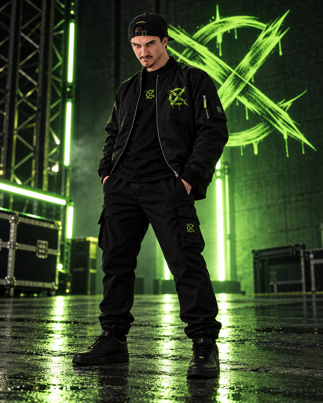 XCaNiNeX in black streetwear against a neon-green industrial backdrop