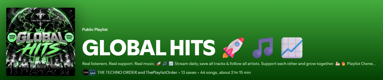 Global Hits playlist banner with green concert-themed artwork