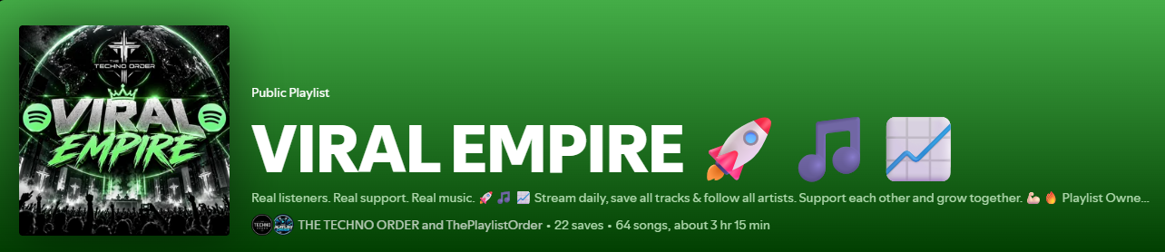 Viral Empire playlist banner with green concert-themed artwork